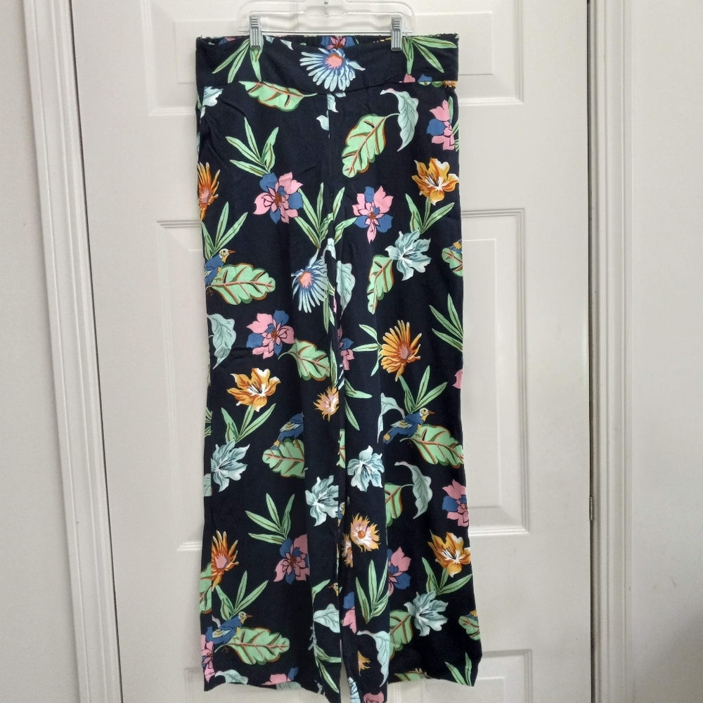 Adrienne Vittadini Tropical Wide Leg Pants Size 8 Bird Print Resortwear Beach